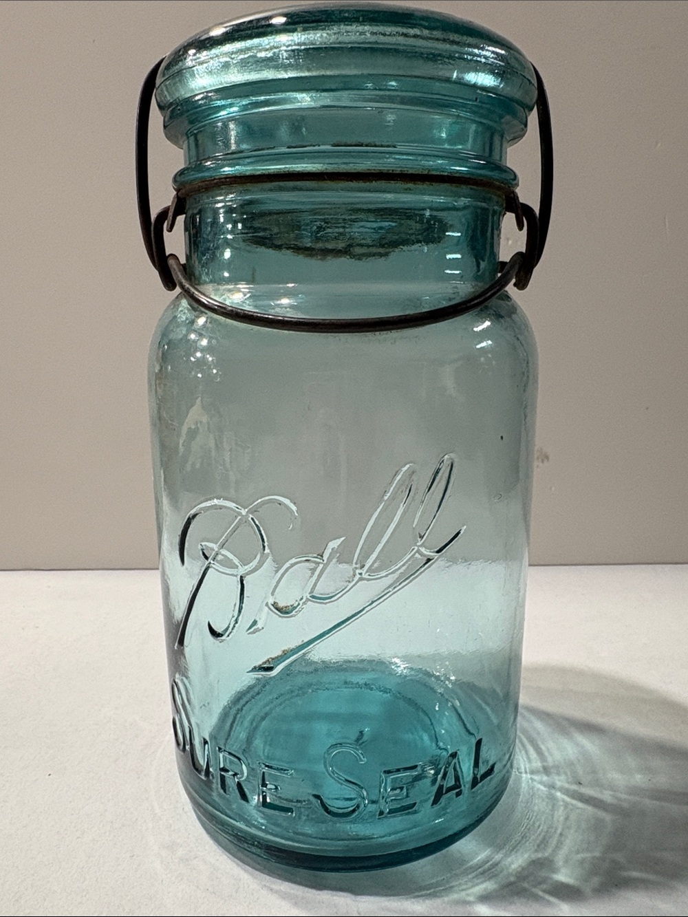 Ball Sure Seal Aqua blue Glass Canning Jar with Wire Bail Lid antique #2